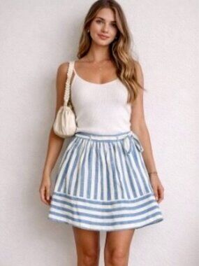 Batik Blue & White Striped Mini Skirt Tie Waist Size 40 M